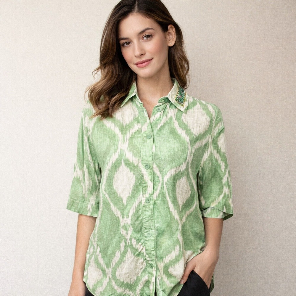 ZARA Green Cream Ikat Oversized Beaded Collar Linen Blend Boho Coastal Shirt XS